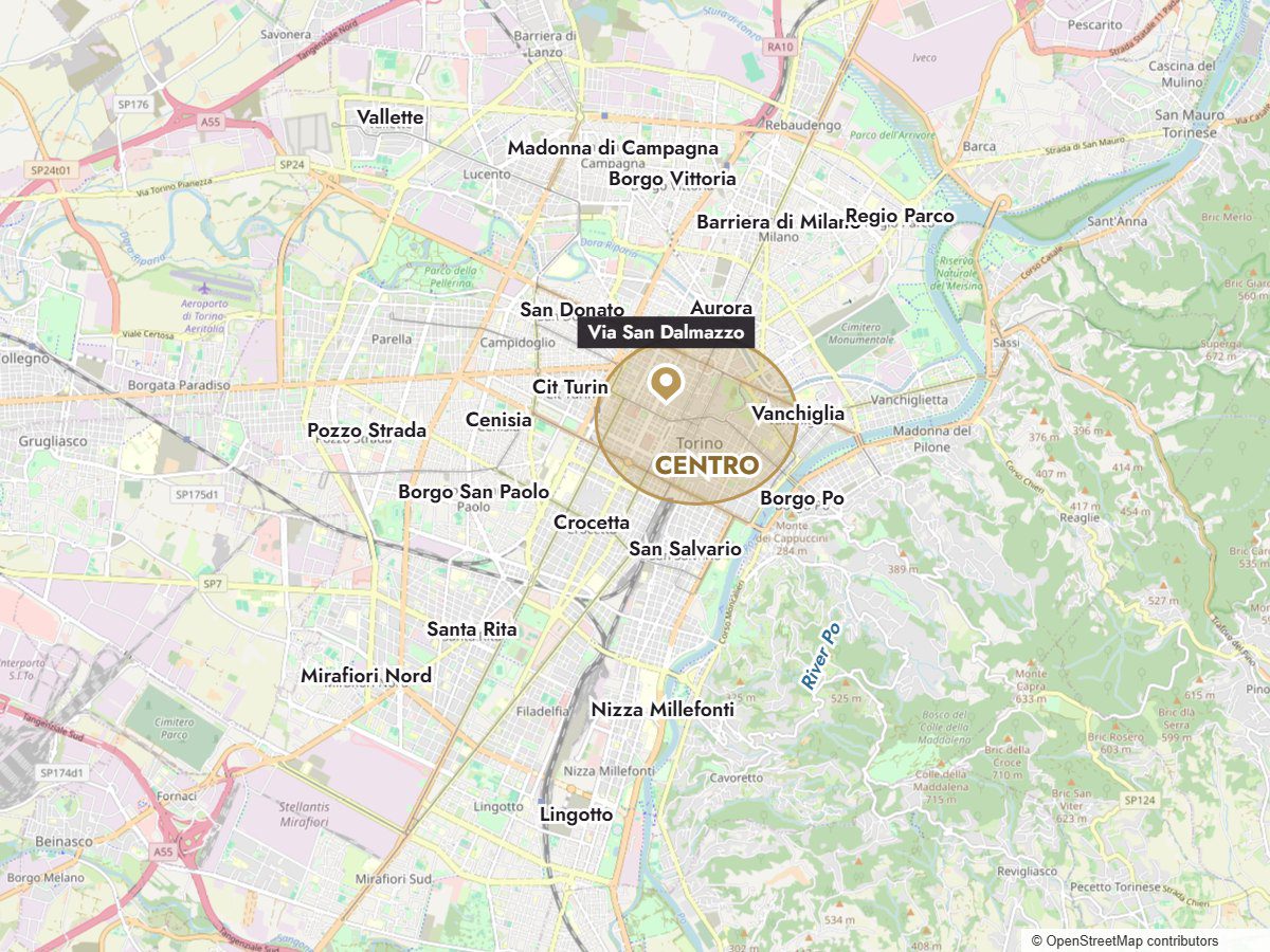 Map of Turin neighbourhoods with the historic centre and Via San Dalmazzo highlighted