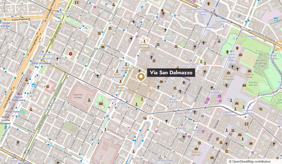 Map of Via San Dalmazzo in the historic centre of Turin